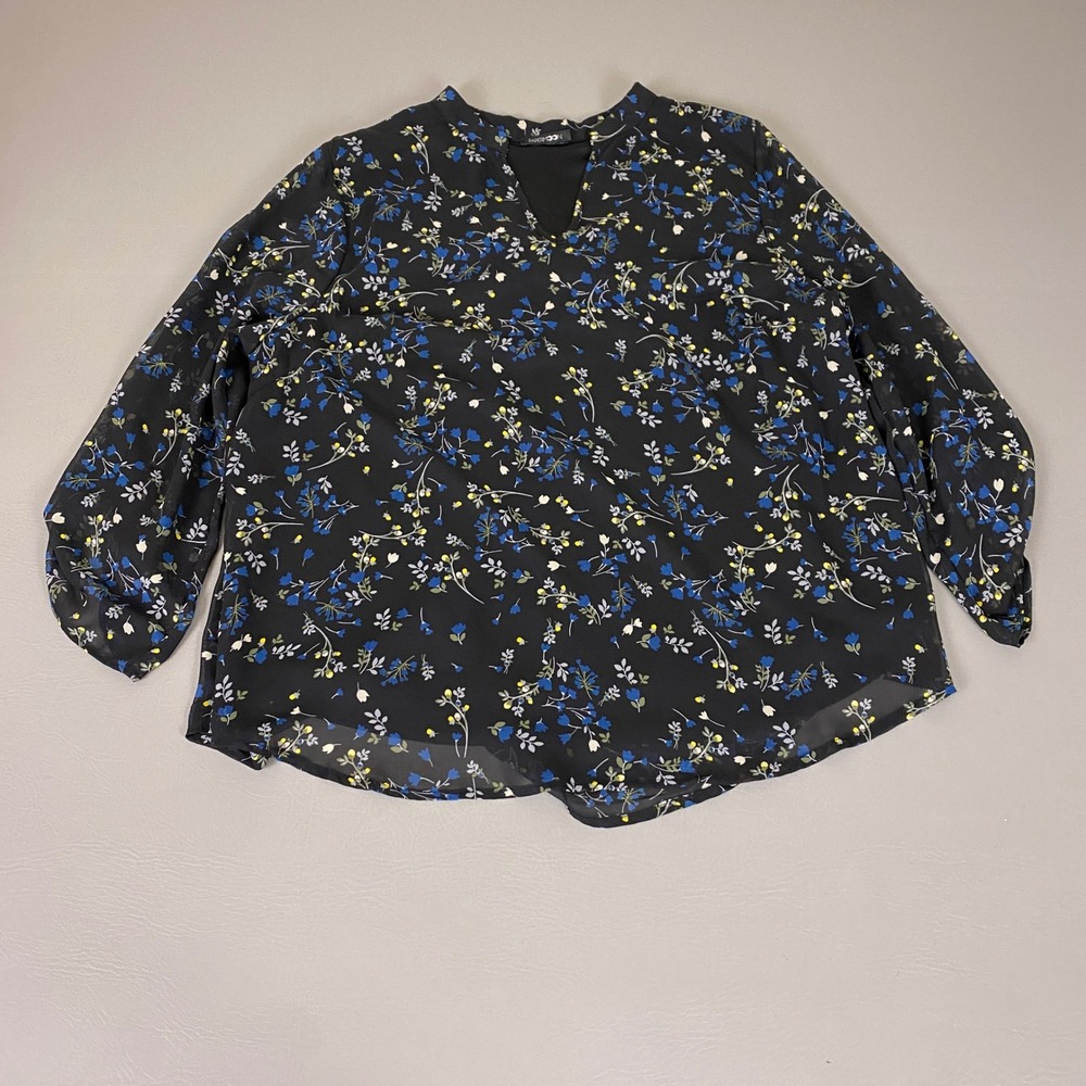 Papermoon Blouse Women's Plus Size 1X Black Floral Split Neck Long‎ Sleeve